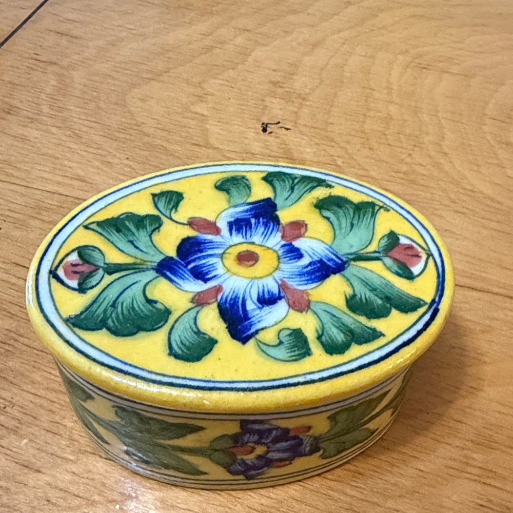 Yellow and Blue Floral Ceramic trinket / jewelry box Made in India